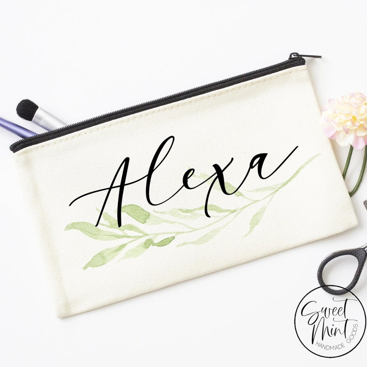 Custom First Name Cosmetic Bag With Greenery Design - Makeup / Bridesmaid Gift