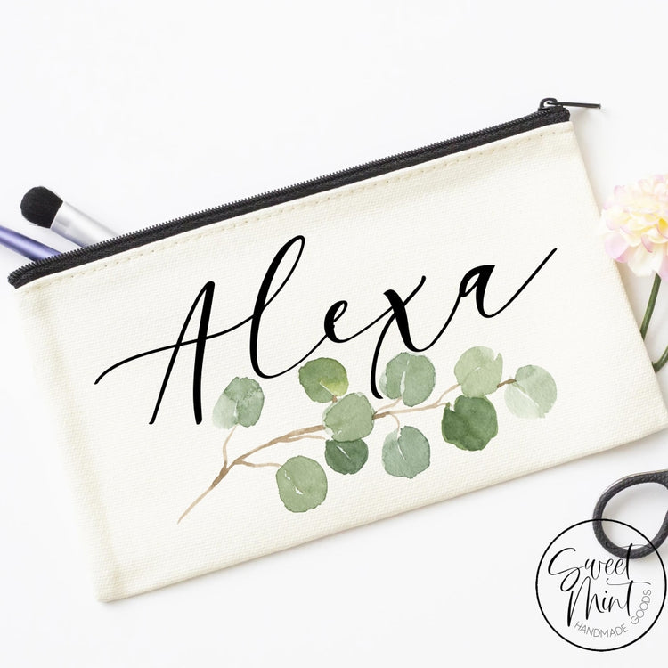 Custom First Name W/ Eucalyptus Design Cosmetic Bag - Makeup Bridesmaid Gifts
