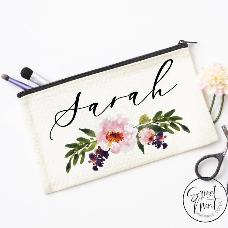 Custom First Name W/ Floral Design Cosmetic Bag - Makeup