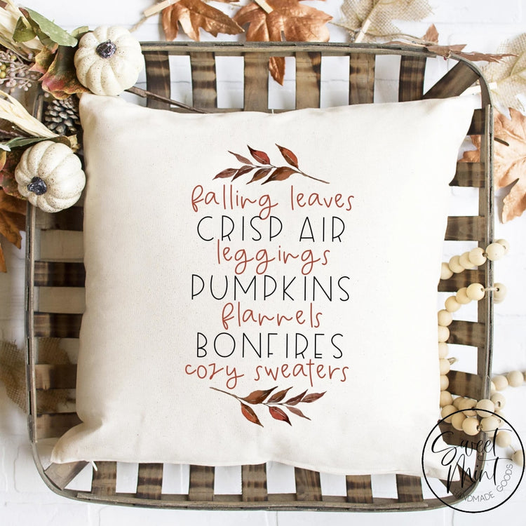 Falling Leaves Crisp Air Leggings Pumpkins Flannels Bonfires Cozy Sweaters Pillow Cover - Fall /
