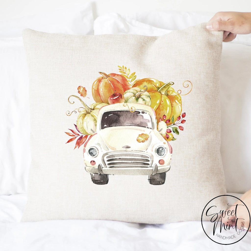 White Vintage Pumpkin Pick up Truck Pillow Cover Fall Autumn