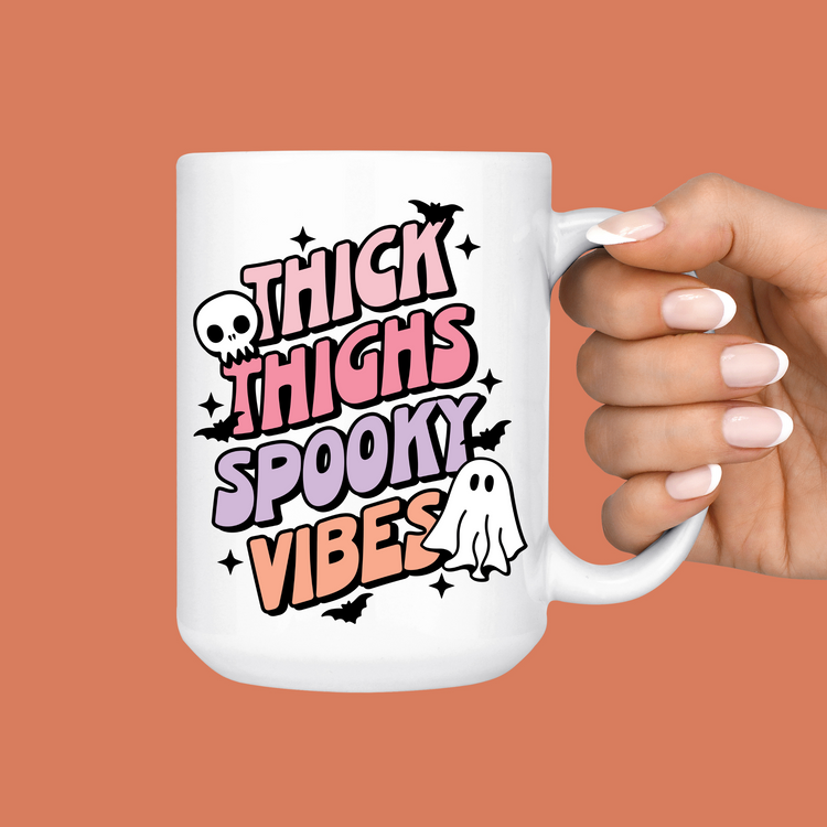 Thick Thighs Spooky Vibes Ghost Halloween Mug