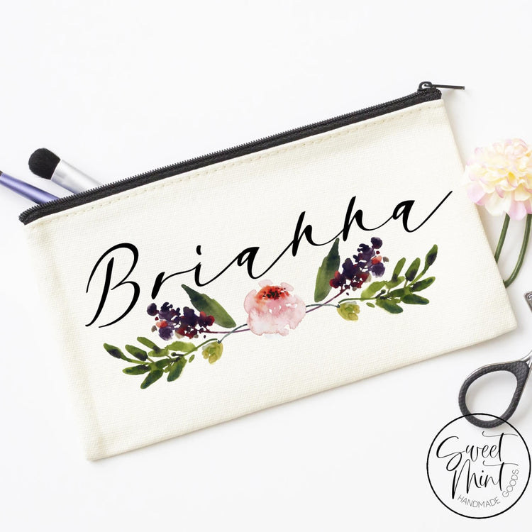 Custom First Name Cosmetic Bag With Floral Design - Makeup / Bridesmaid Gift