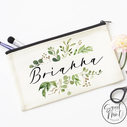 Custom First Name Cosmetic Bag With Greenery Design - Makeup / Bridesmaid Gift