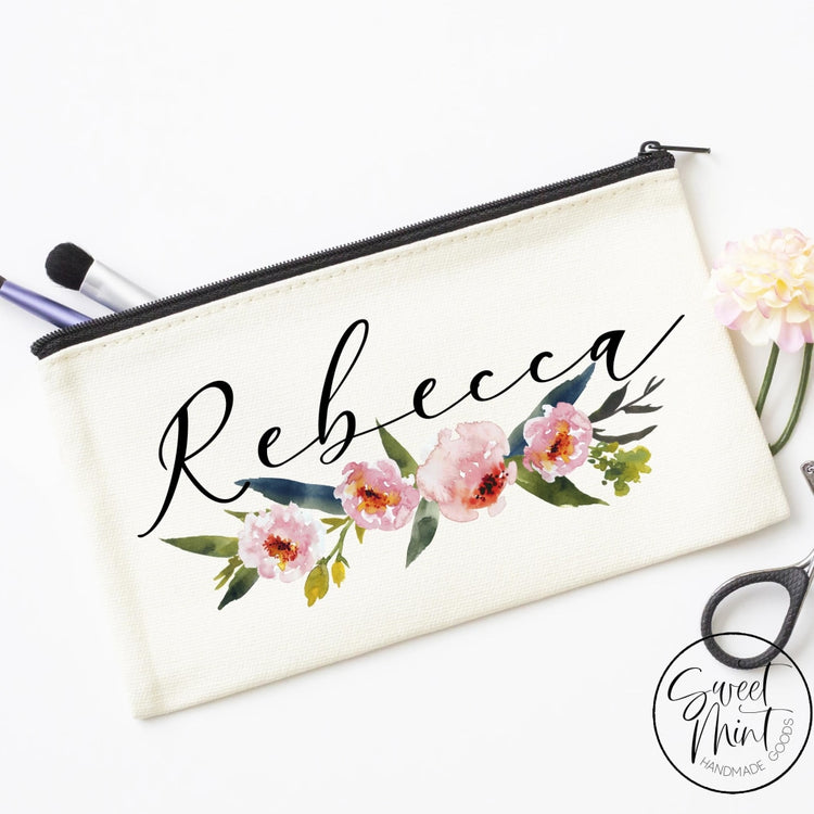 Custom First Name W/ Floral Design Cosmetic Bag - Makeup Bridesmaid Gifts