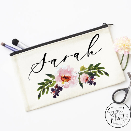 Custom First Name W/ Floral Design Cosmetic Bag - Makeup