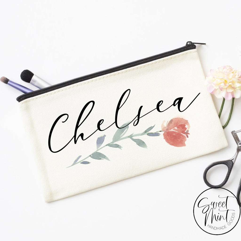 Custom First Name W/ Flower Design Cosmetic Bag - Makeup