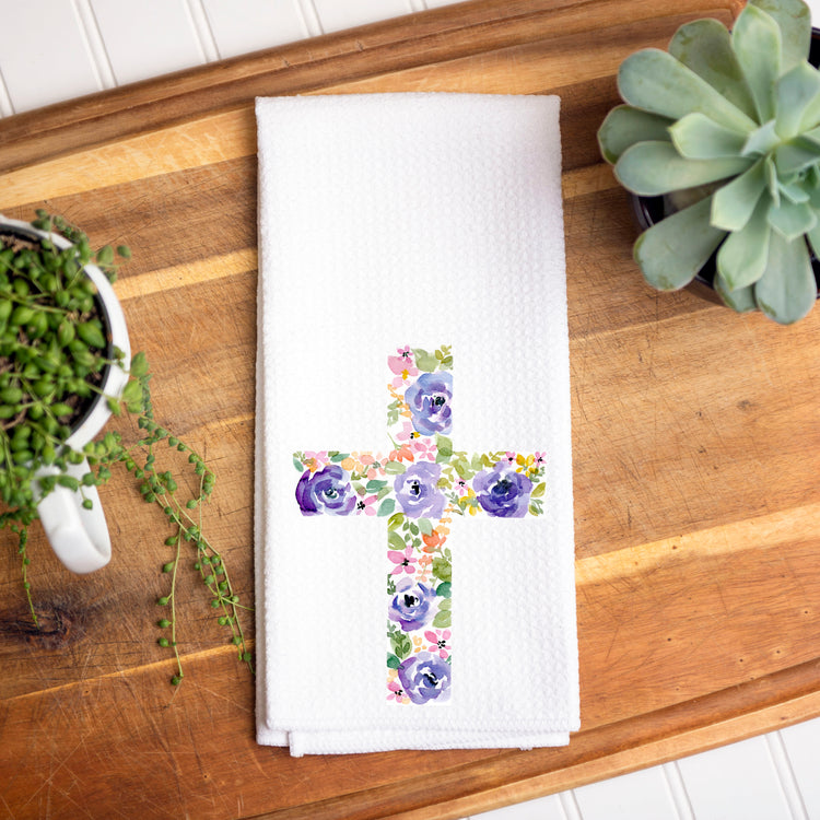 Purple Floral Cross Waffle Towel