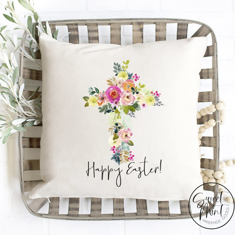 Happy Easter Floral Cross Pillow Cover - 16X16