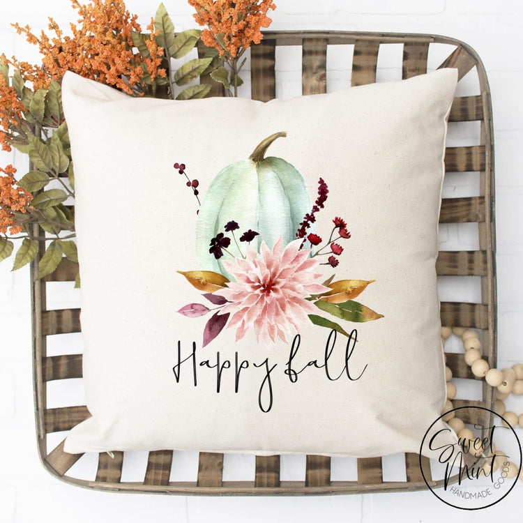 Happy Fall Floral W Blue Pumpkin Pillow Cover - / Autumn 16X16