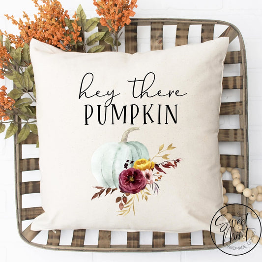 Hey There Pumpkin Floral W Blue Pillow Cover - Fall / Autumn 16X16
