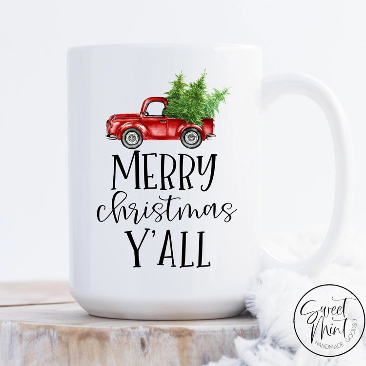 Merry Christmas Yall Mug W/ Red Vintage Tree Truck