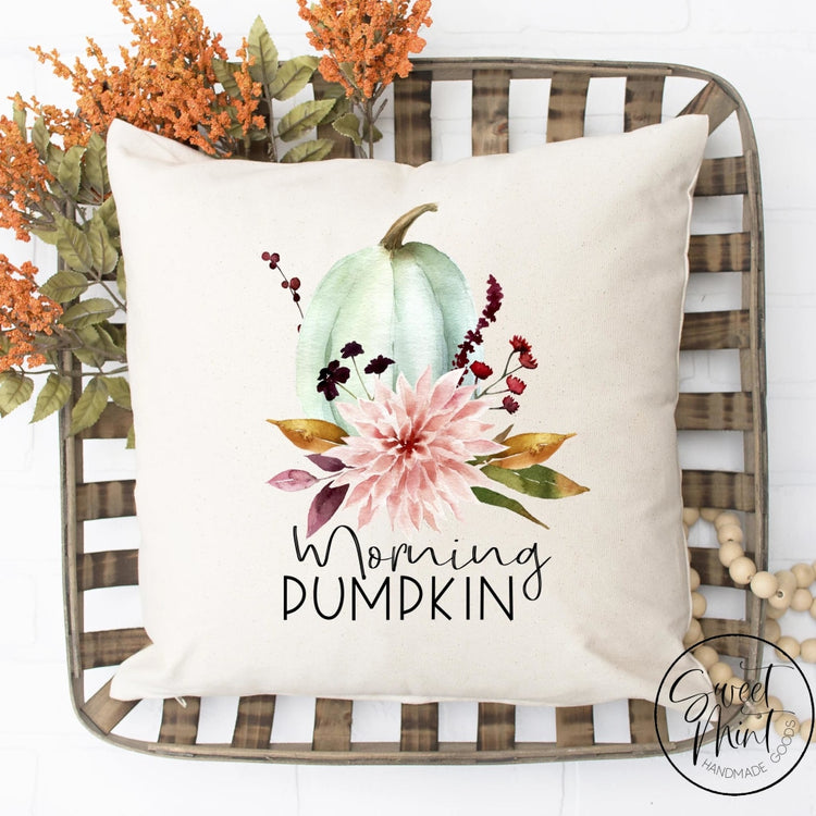 Morning Pumpkin Floral W Blue Pillow Cover - Fall / Autumn 16X16