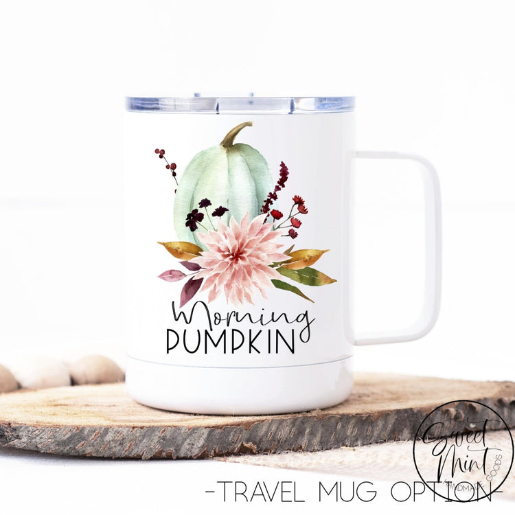 Morning Pumpkin W Blue Floral Mug - Fall / Autumn Mug