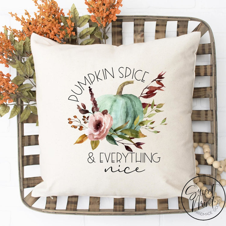 Pumpkin Spice & Everything Nice Floral W Blue Pillow Cover - Fall / Autumn 16X16