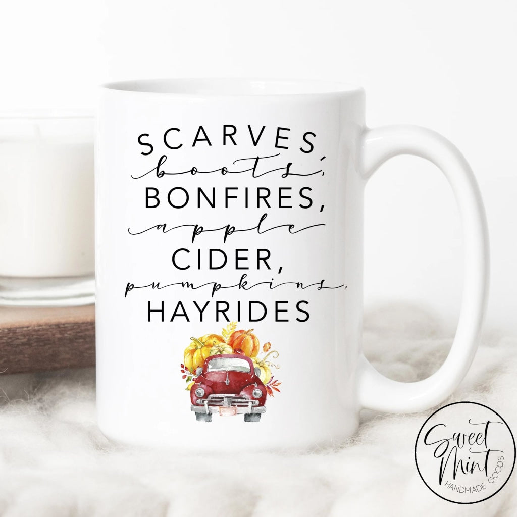 Scarves Boots Bonfires Apple Cider Pumpkins Hayrides Mug With Red Truck - Fall / Autumn Mug