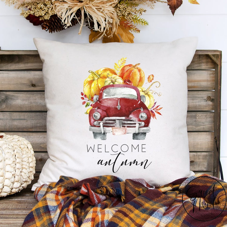 Welcome Autumn Pillow Cover - Red Vintage Pumpkin Truck 16X16